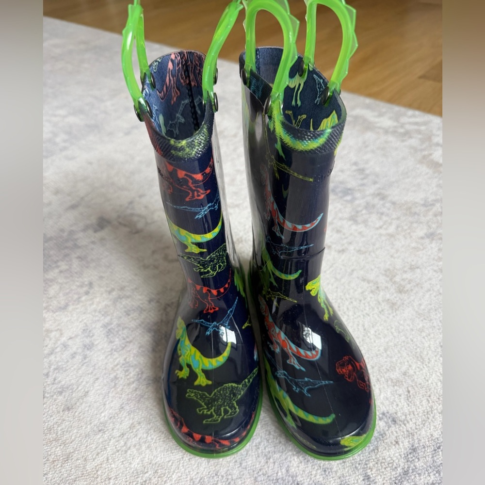 Western Chief Light Up Navy Dinosaur Rain Boots with Green Handles—Like New - Picture 2 of 8